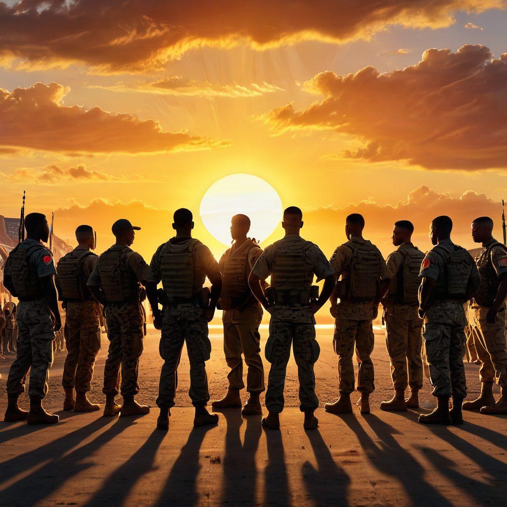 A powerful scene depicting a diverse group of soldiers and veterans standing together, showcasing unity and strength. They are surrounded by various resources symbolizing support, such as books, tools, and community members engaging with them. The background highlights a sun rising over a military base, signifying hope and empowerment. The image should evoke inspiration and camaraderie. super-realistic. vibrant colors. uplifting atmosphere.