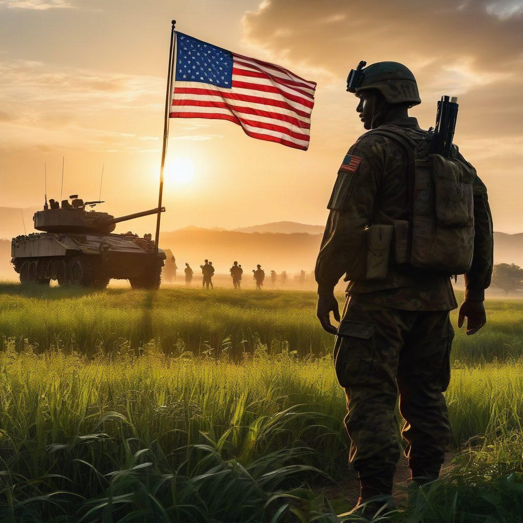 A dynamic scene depicting a soldier in full gear, standing proudly in a field, surrounded by fellow comrades engaged in camaraderie. The background features a sunset that casts a warm glow, symbolizing hope and resilience. Incorporate symbolic elements like an American flag gently waving and silhouettes of military vehicles in the distance. The soldier’s expression conveys determination and bravery, inviting viewers into the inspiring world of the army community. super-realistic. warm colors. dramatic lighting.