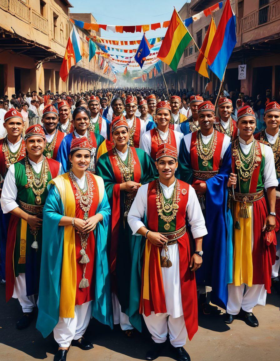 A diverse group of army personnel in a vibrant setting, showcasing their unique cultures and traditions through traditional attire, flags, and symbols. Background depicting a community gathering with engaging activities, like music and dance, highlighting camaraderie. Warm, inviting lighting to evoke a sense of belonging and pride. super-realistic. vibrant colors. atmospheric depth.